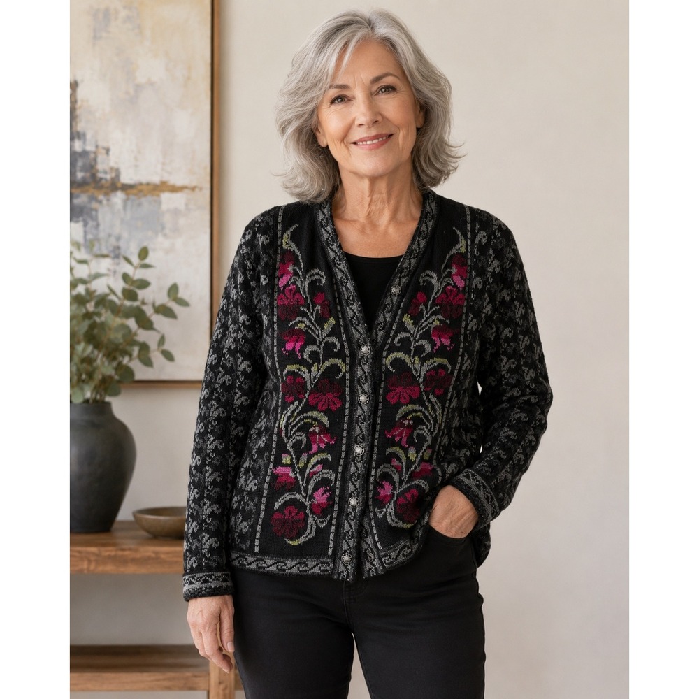 Chessy Lewis Wool Cardigan Small England Made Floral Fair Isle Cottagecore VTG